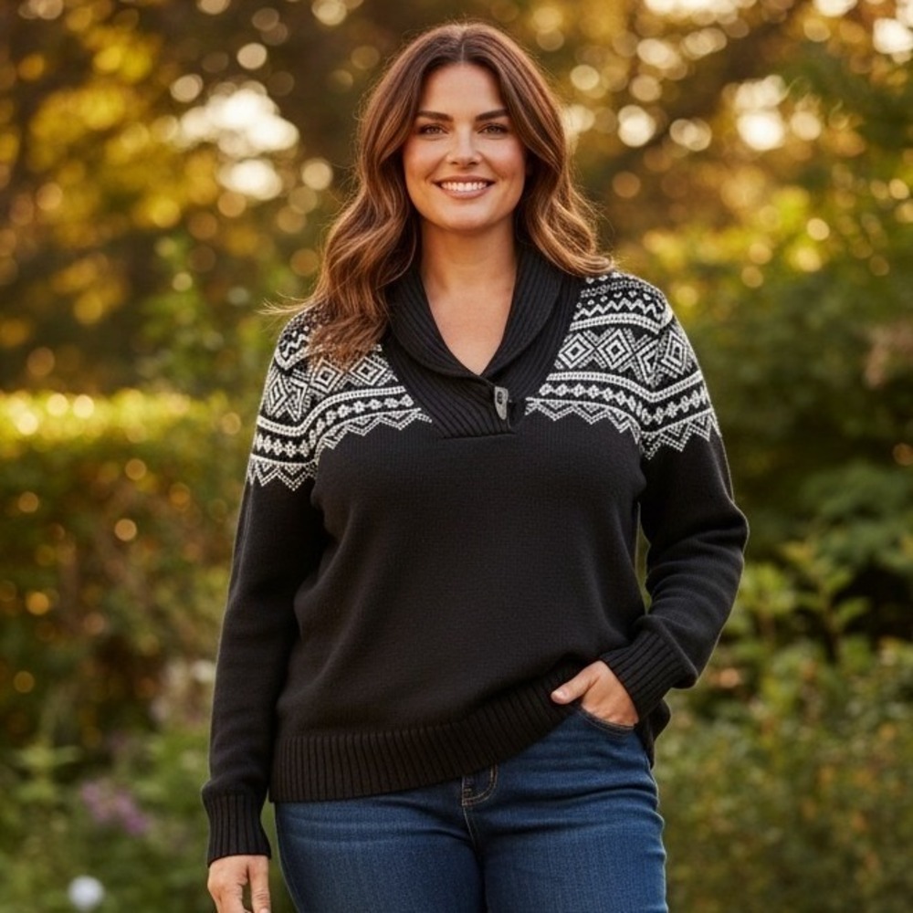 Lauren Ralph Lauren Fair Isle Shawl Collar Toggle Sweater Black White 1X Cotton